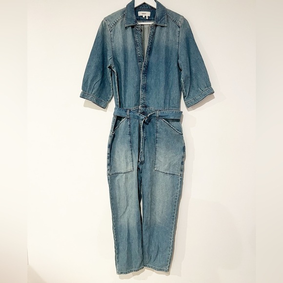 NWT BA&SH Frida Denim Jean Belted Collared Patch Pocket Jumpsuit Size Large - Picture 7 of 15